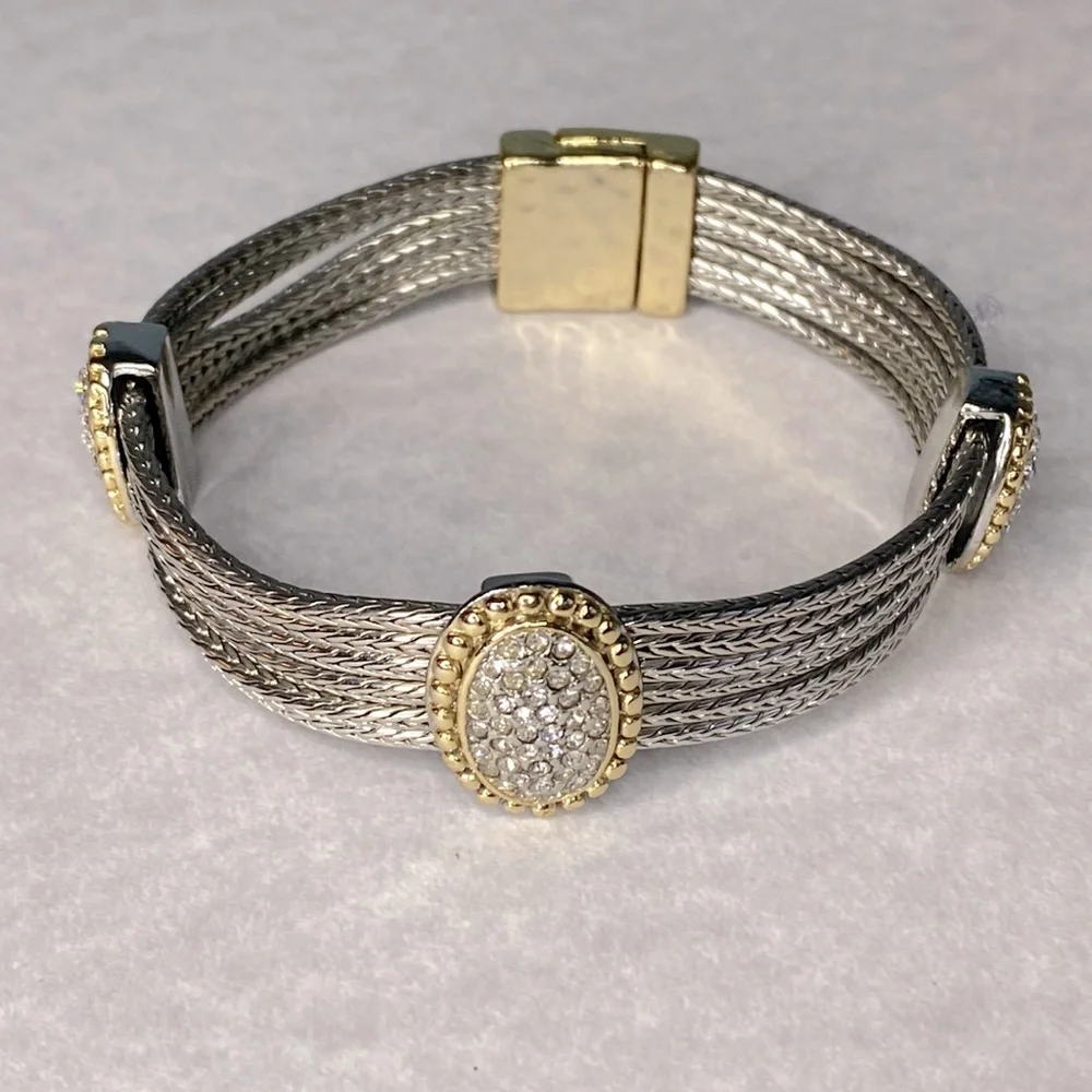 Two-tone 6 strand bracelet rhinestone magnetic clasp